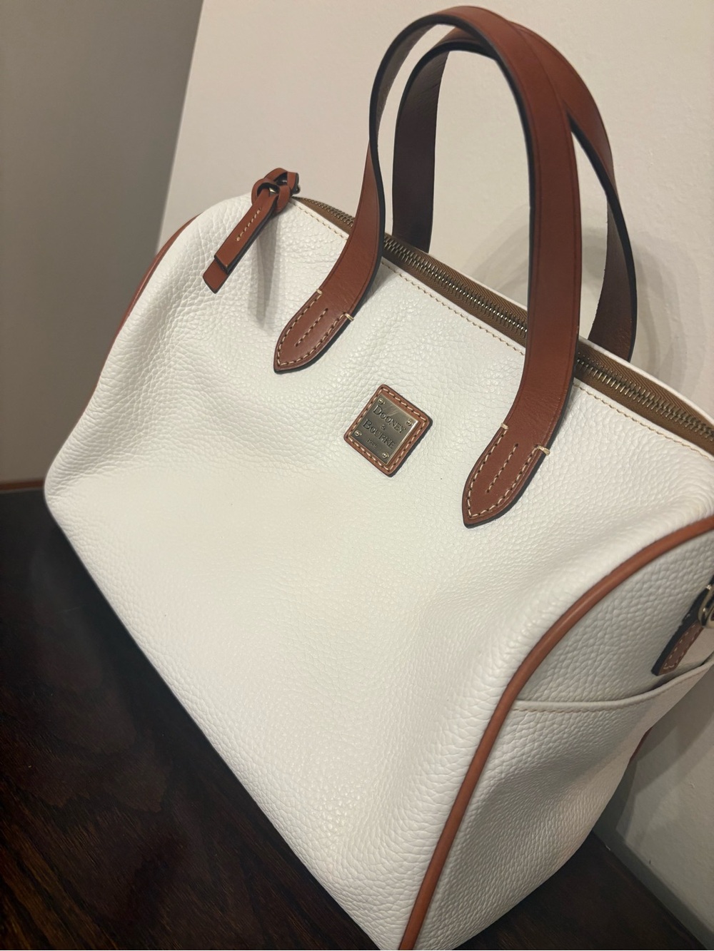 Dooney & Bourke White Pebbled Leather Satchel with Brown Trim - Picture 4 of 6